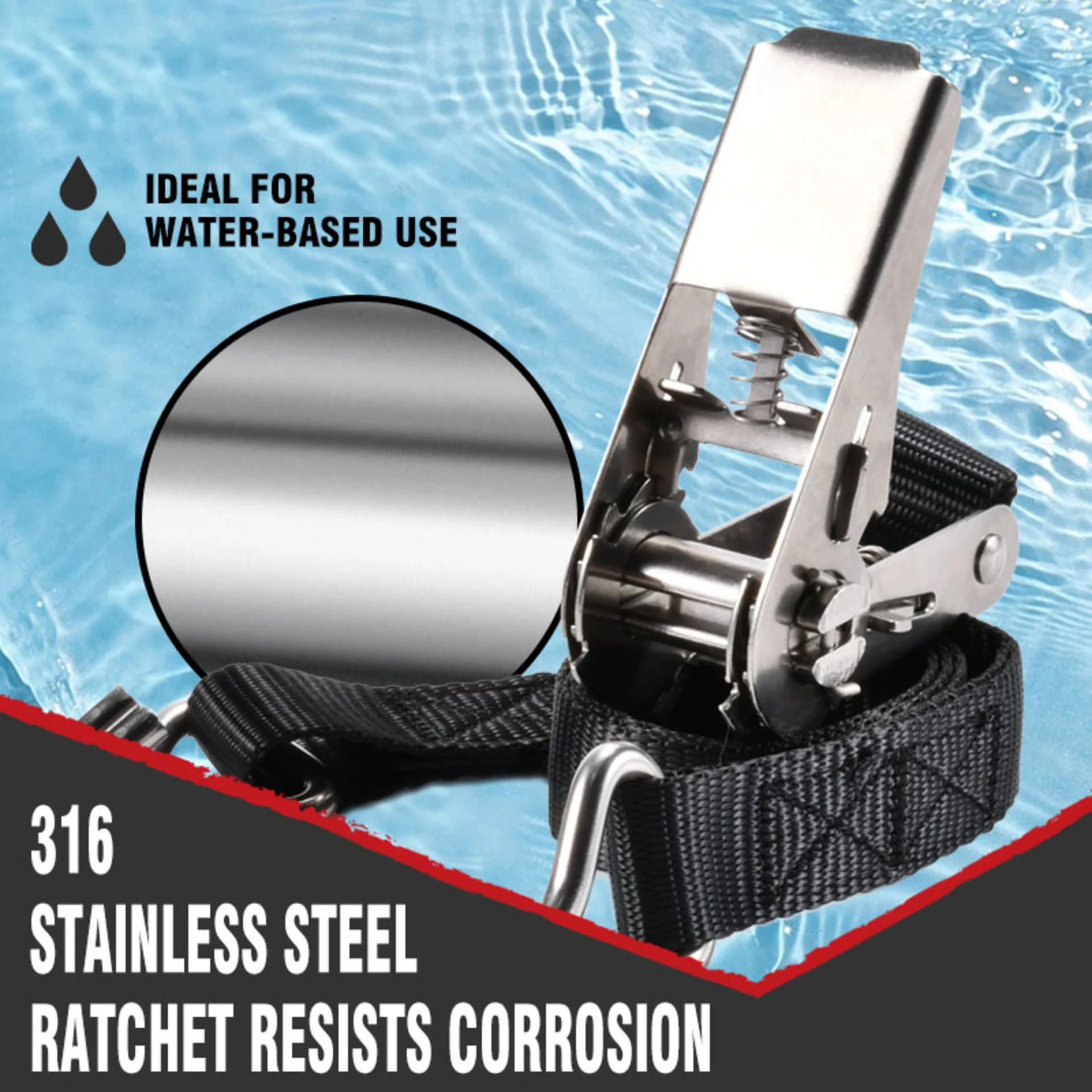 1" 316 Stainless Steel Ratchet Strap, Double J Hook - 1760 lbs BS