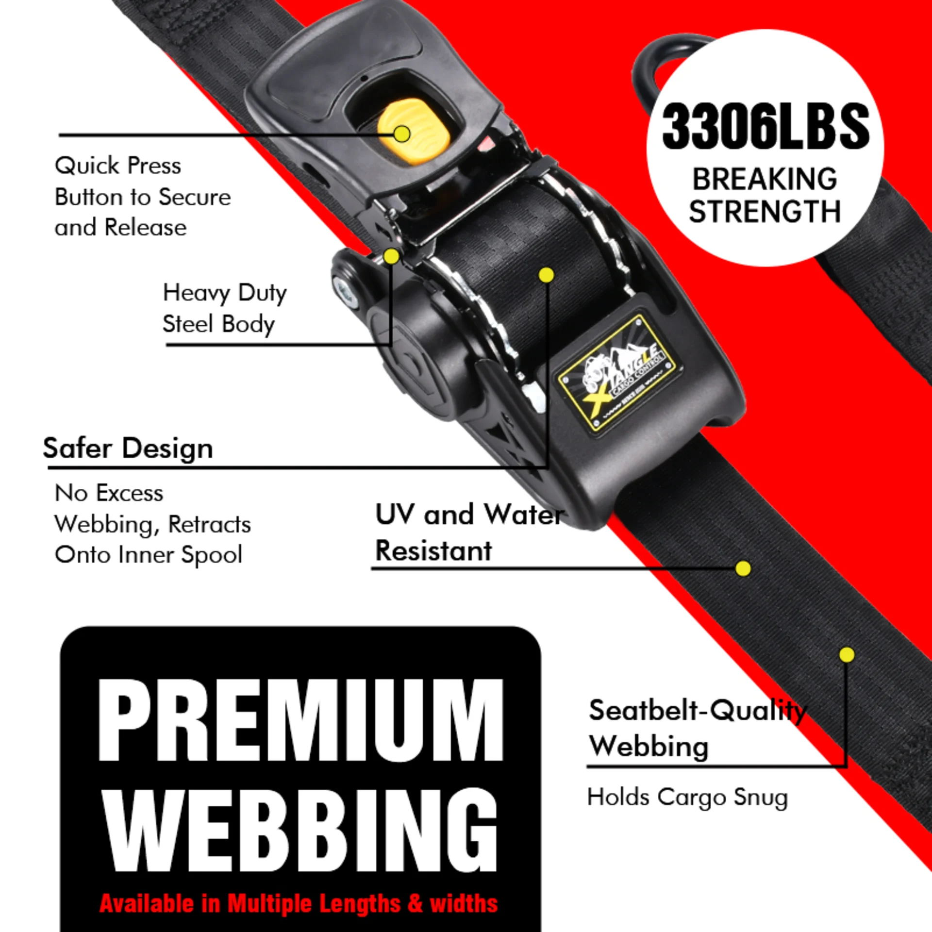 2" x 10' Heavy Duty Self-Winding Retractable Ratchet Strap, Spring Loaded S-Hook - 3306 lbs BS