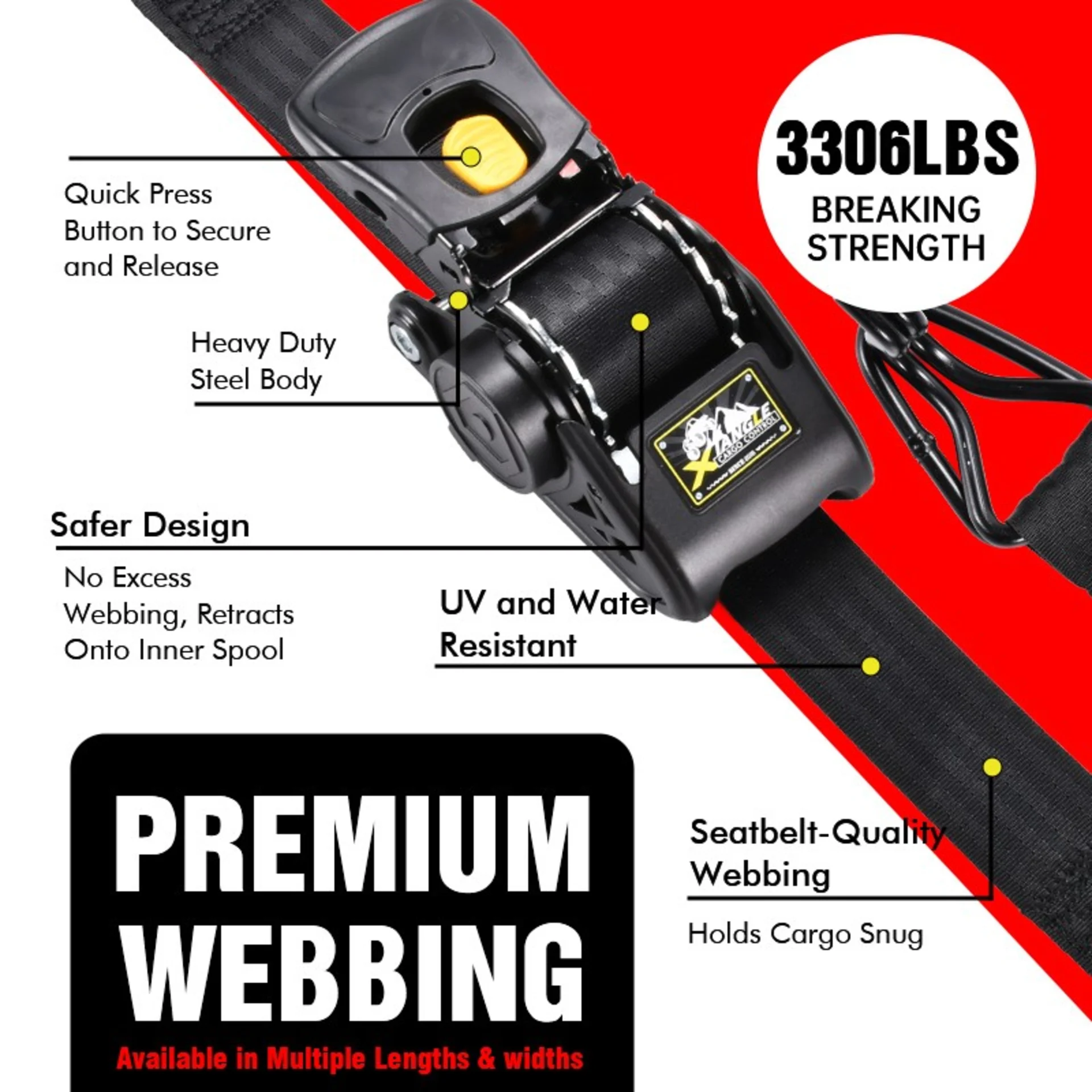 2" x 10' Heavy Duty Automatic Retractable Ratchet Strap, Swan Hook - 3306 lbs BS