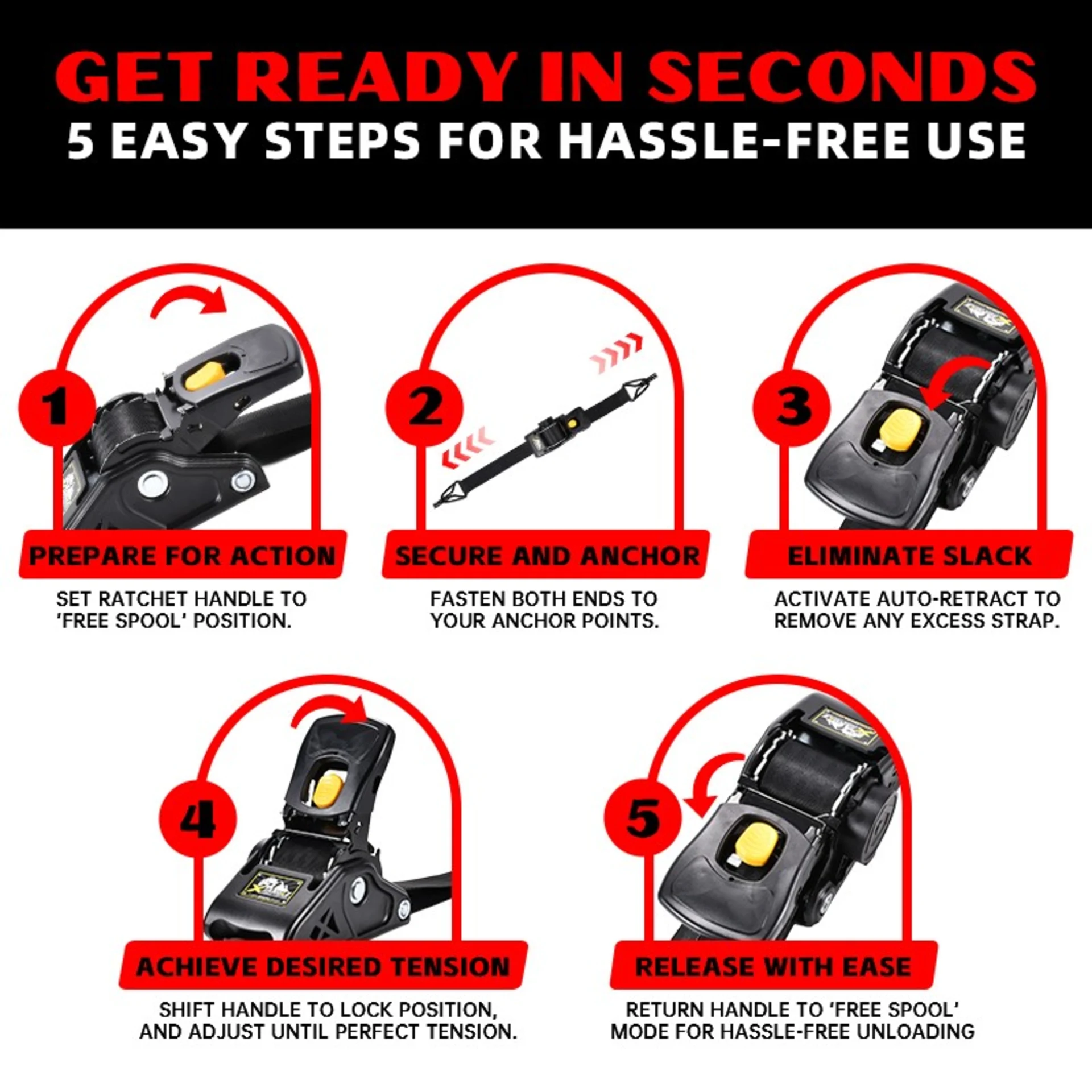 2" x 10' Heavy Duty Automatic Retractable Ratchet Strap, Swan Hook - 3306 lbs BS