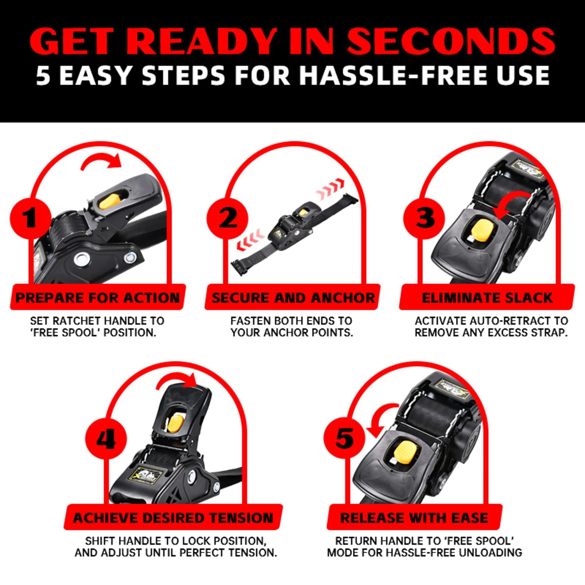 2" x 10' Heavy Duty Automatic Retractable Ratchet Strap, E-Track - 3306 lbs BS