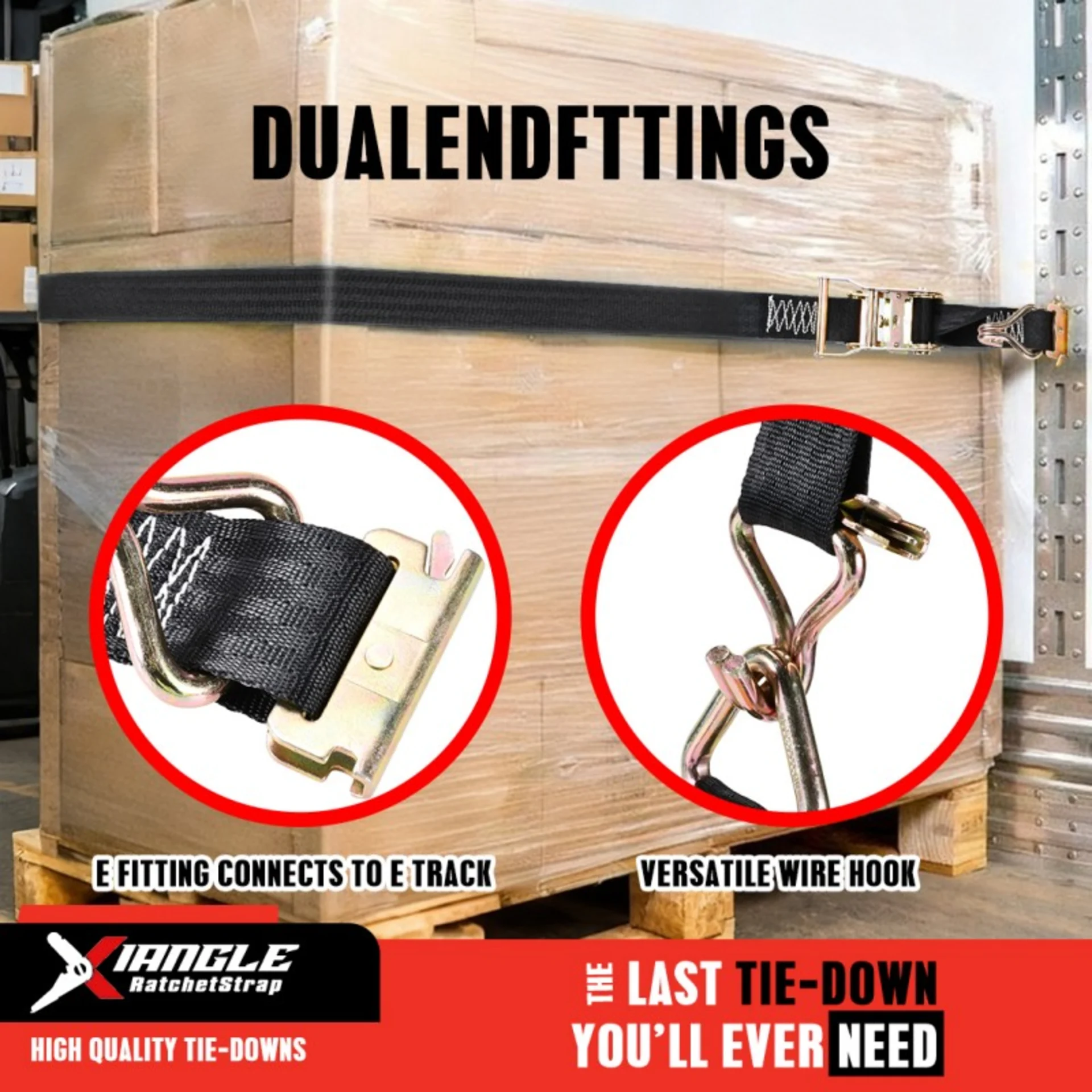 Cinta de Trinquete de 50mm para Riel E-Track con Ganchos de Alambre y Anclaje E - 2000kg