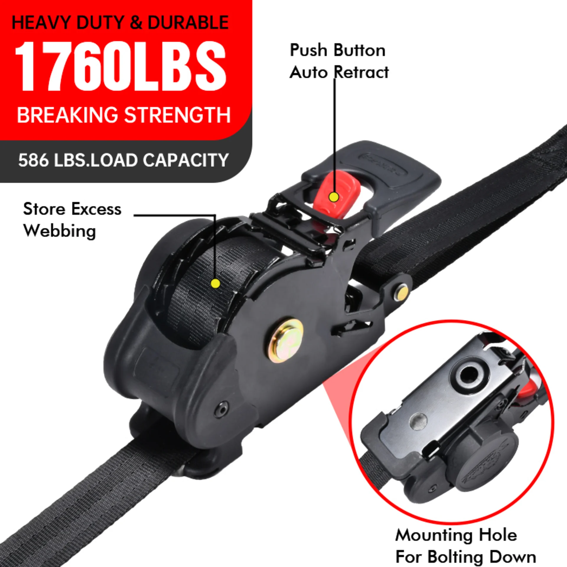 1" x 10ft Automatic Retractable Ratchet Strap, Full-Bend S-Hooks - 1760 lbs BS