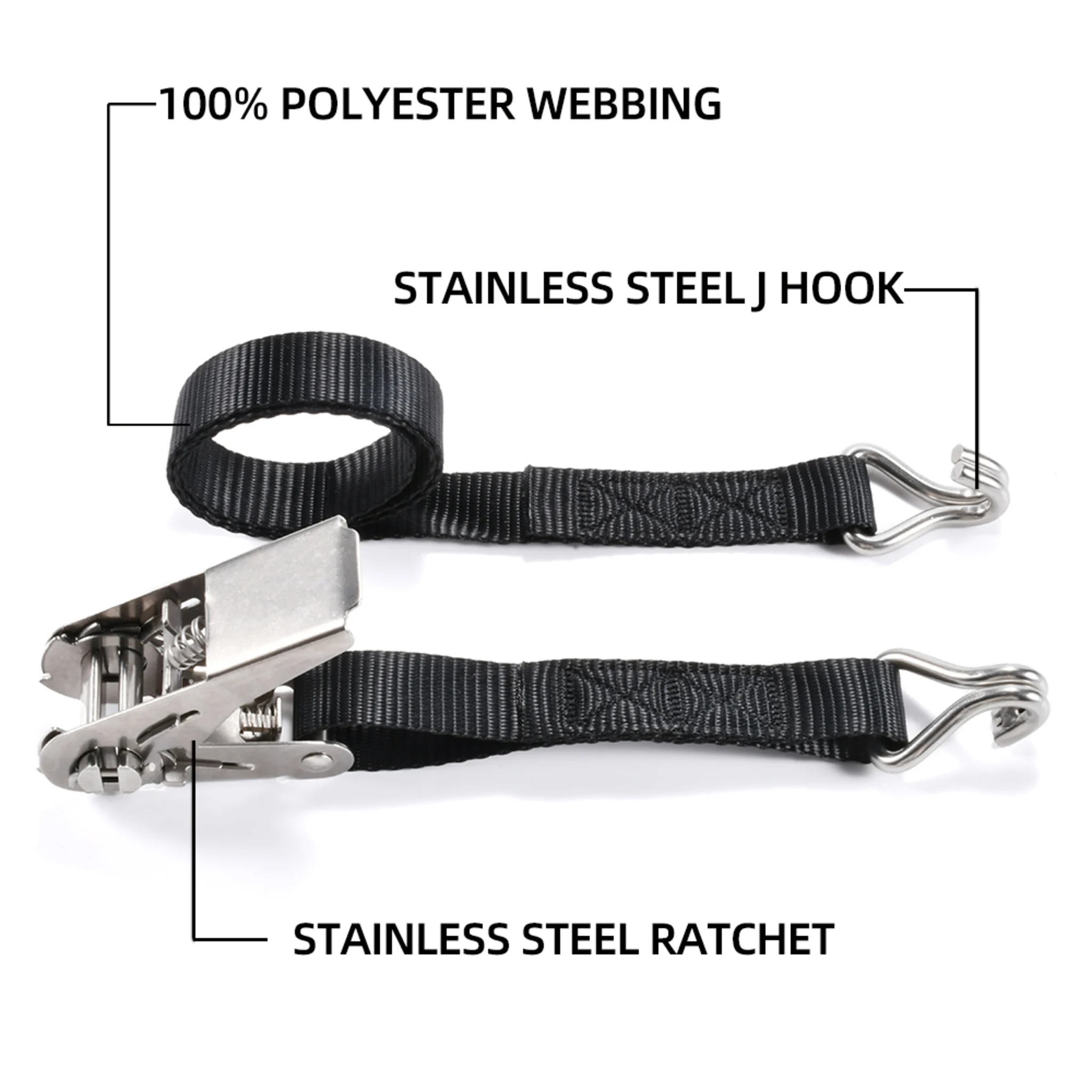 1" 316 Stainless Steel Ratchet Strap, Double J Hook - 1760 lbs BS