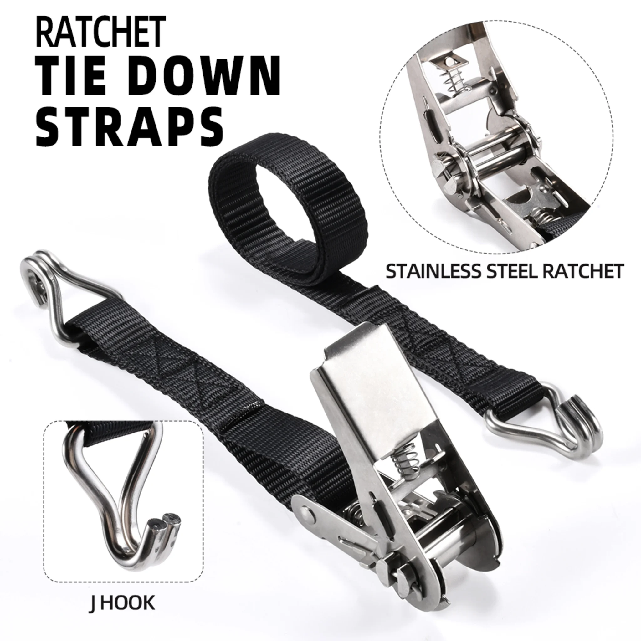 1" 316 Stainless Steel Ratchet Strap, Double J Hook - 1760 lbs BS