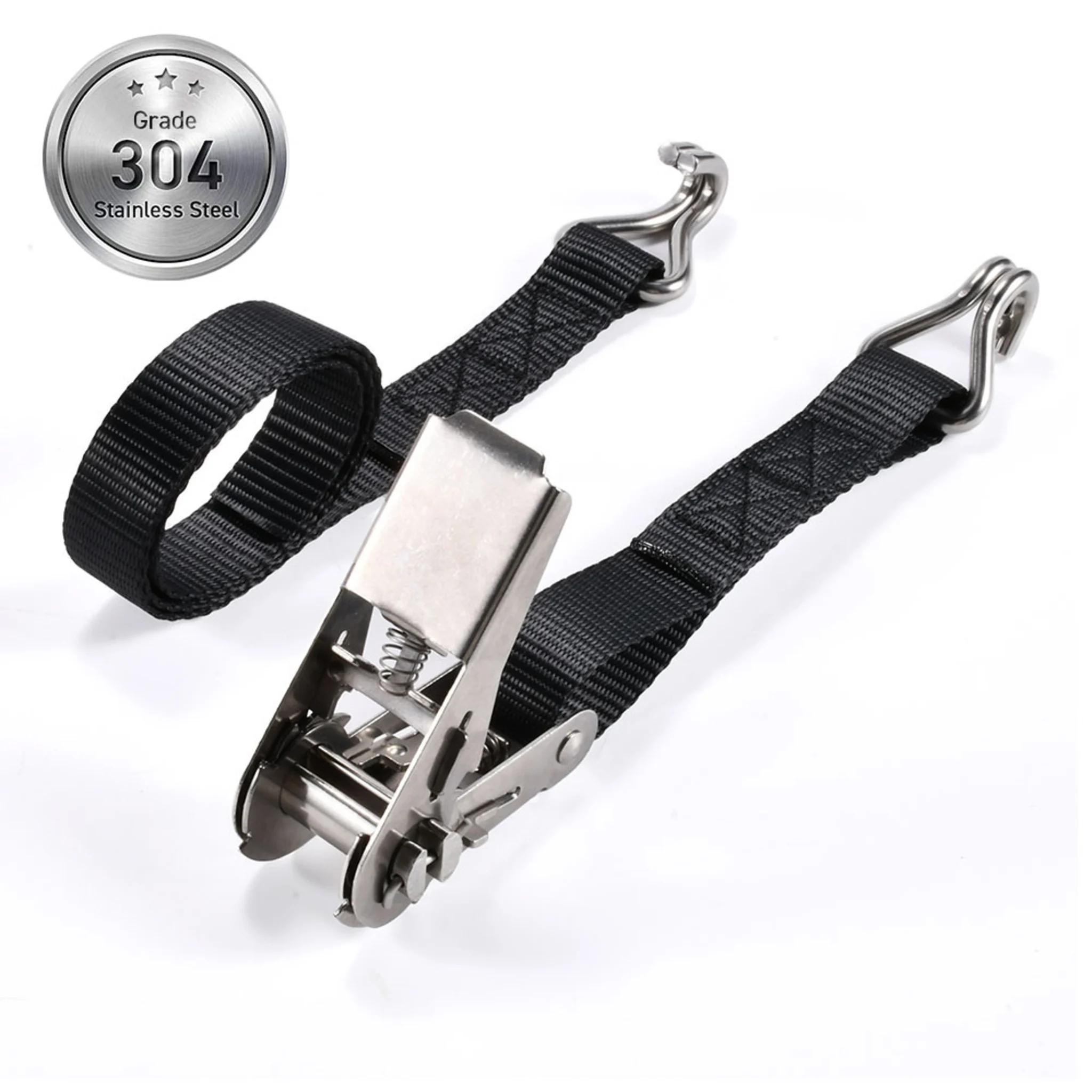 25mm 304 Stainless Steel Ratchet Strap, Double J Hook - 800kg MBS