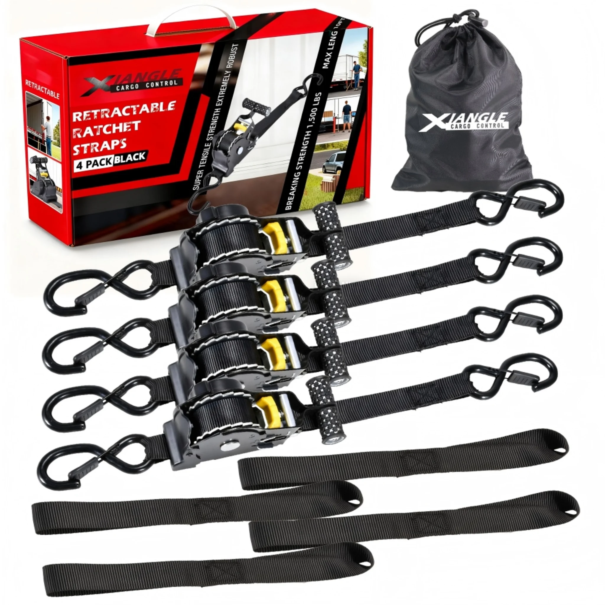 25mm x 3m Retractable Ratchet Strap, S-Hook, Black - 680kg MBS