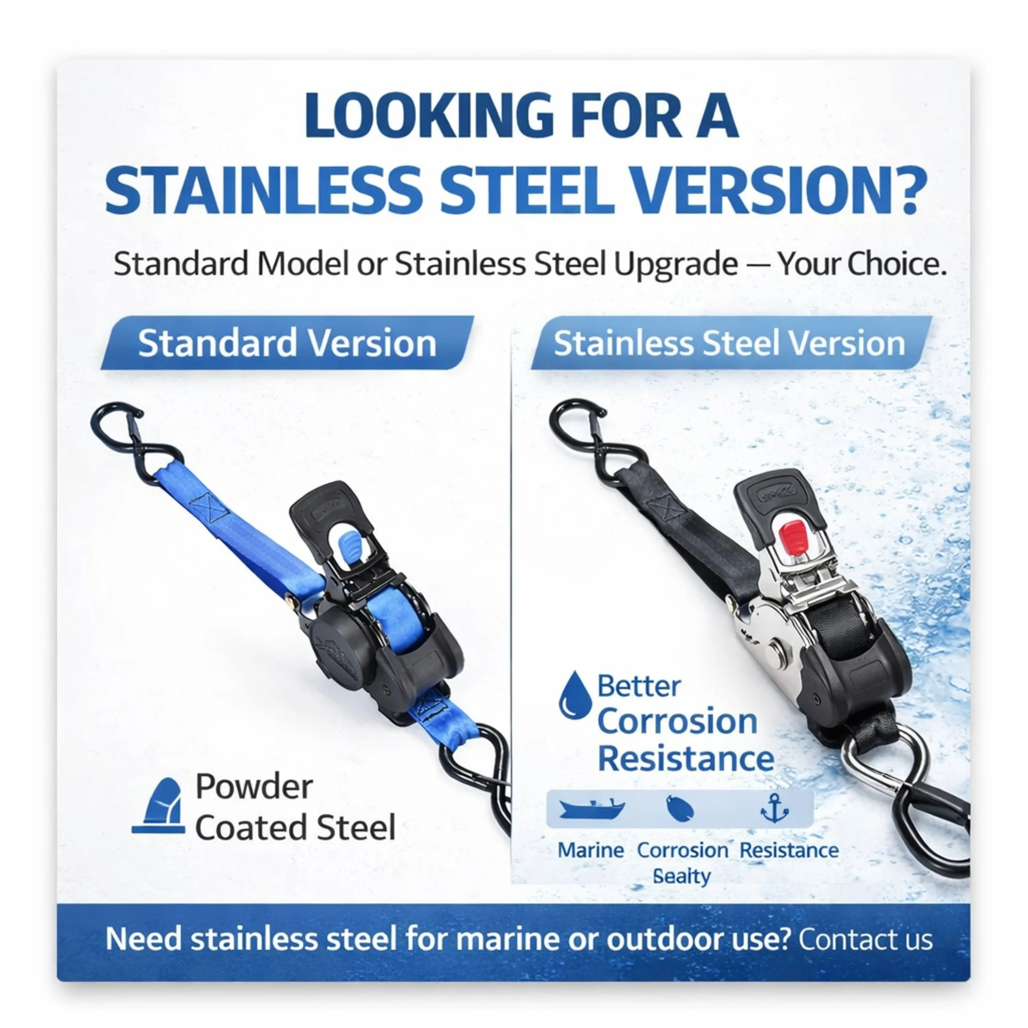 1" x 10FT Marine Grade 304L Stainless Steel Retractable Ratchet Strap