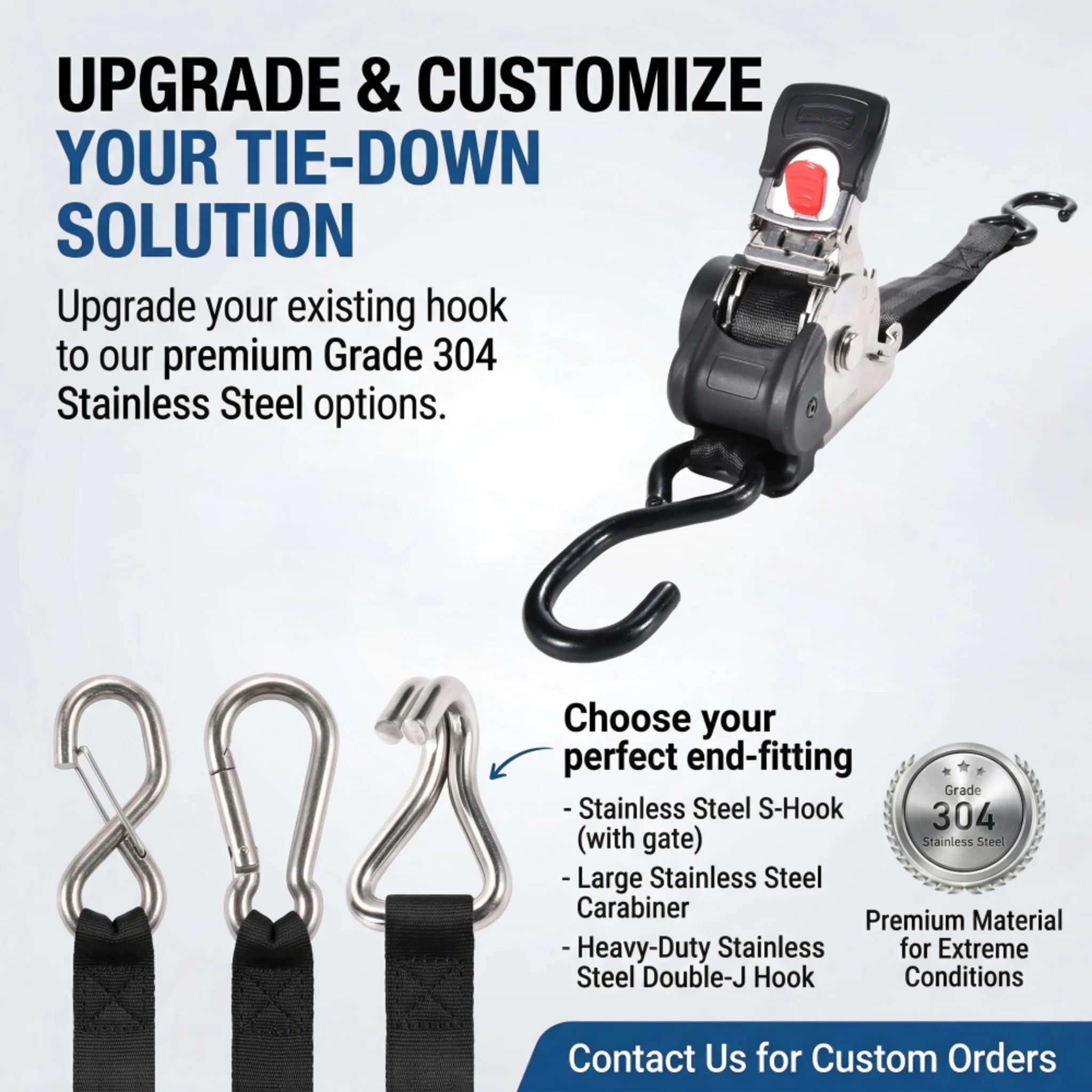 1" x 10FT Marine Grade 304L Stainless Steel Retractable Ratchet Strap