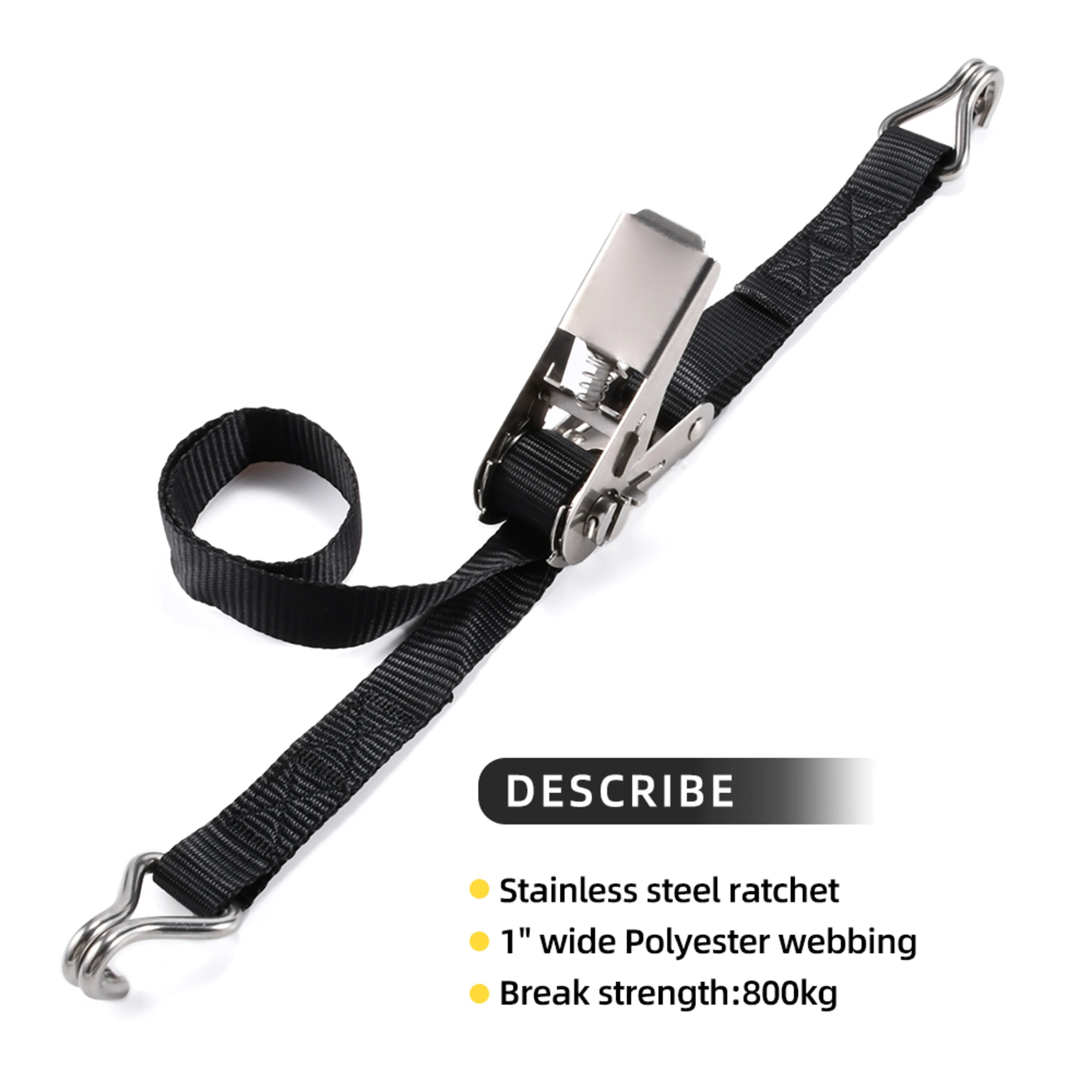 Sangle à cliquet Inox 316 25mm, Crochet Double J, Grise - MBS 800kg