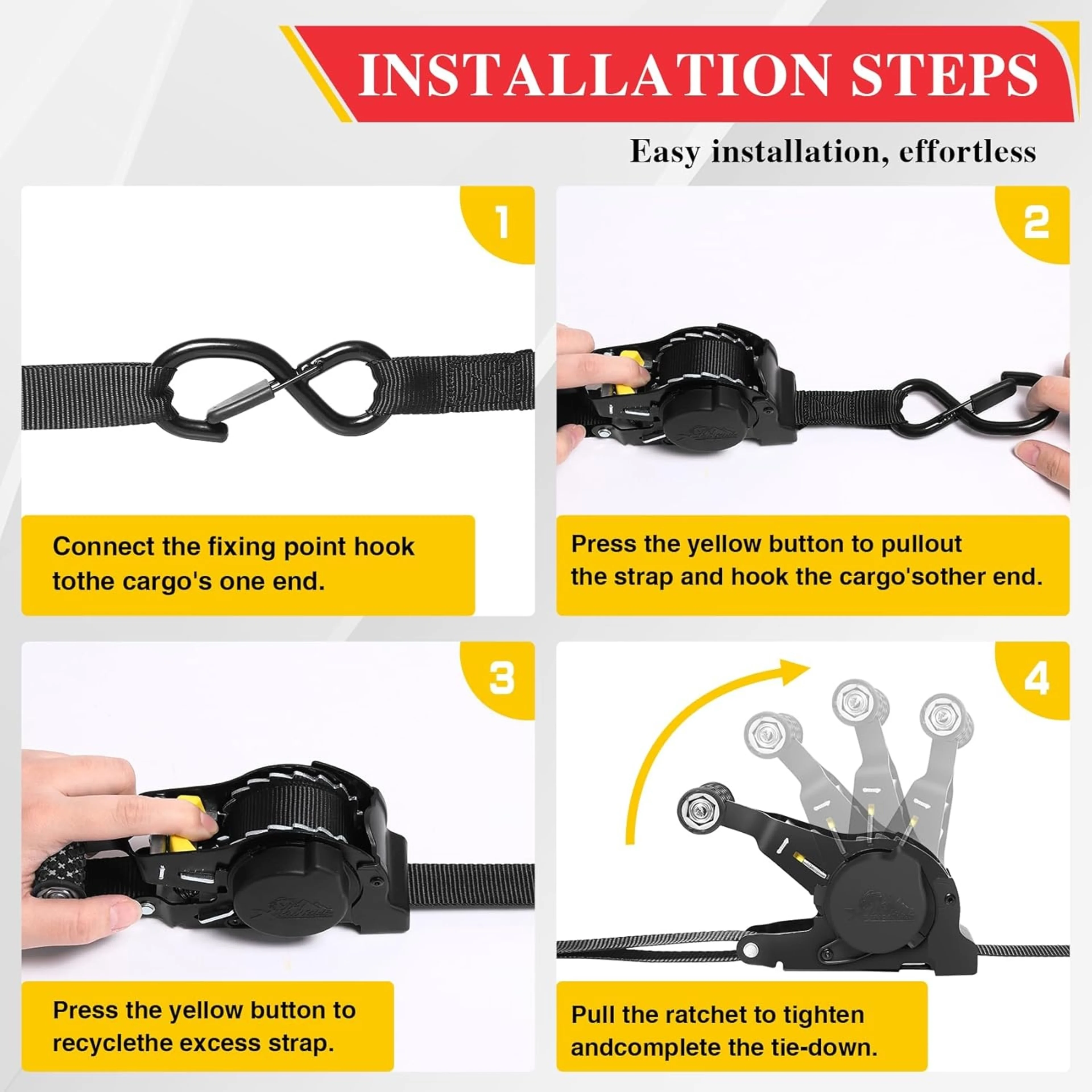 25mm x 3m Automatik Spanngurt, S-Haken, Schwarz - 680kg MBS