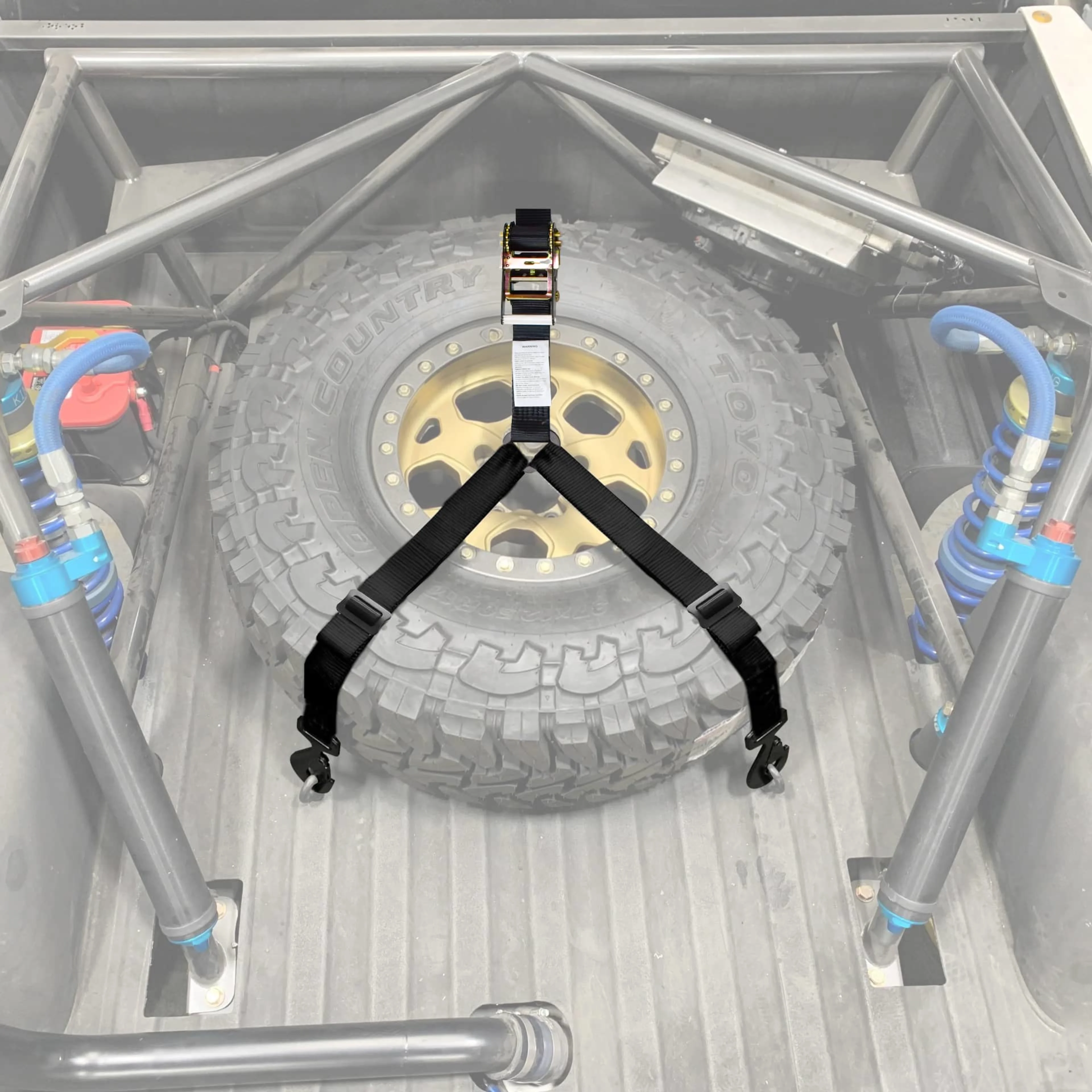 Cincha en Y de 50mm y 3 puntos para rueda de repuesto con ganchos en S de resorte