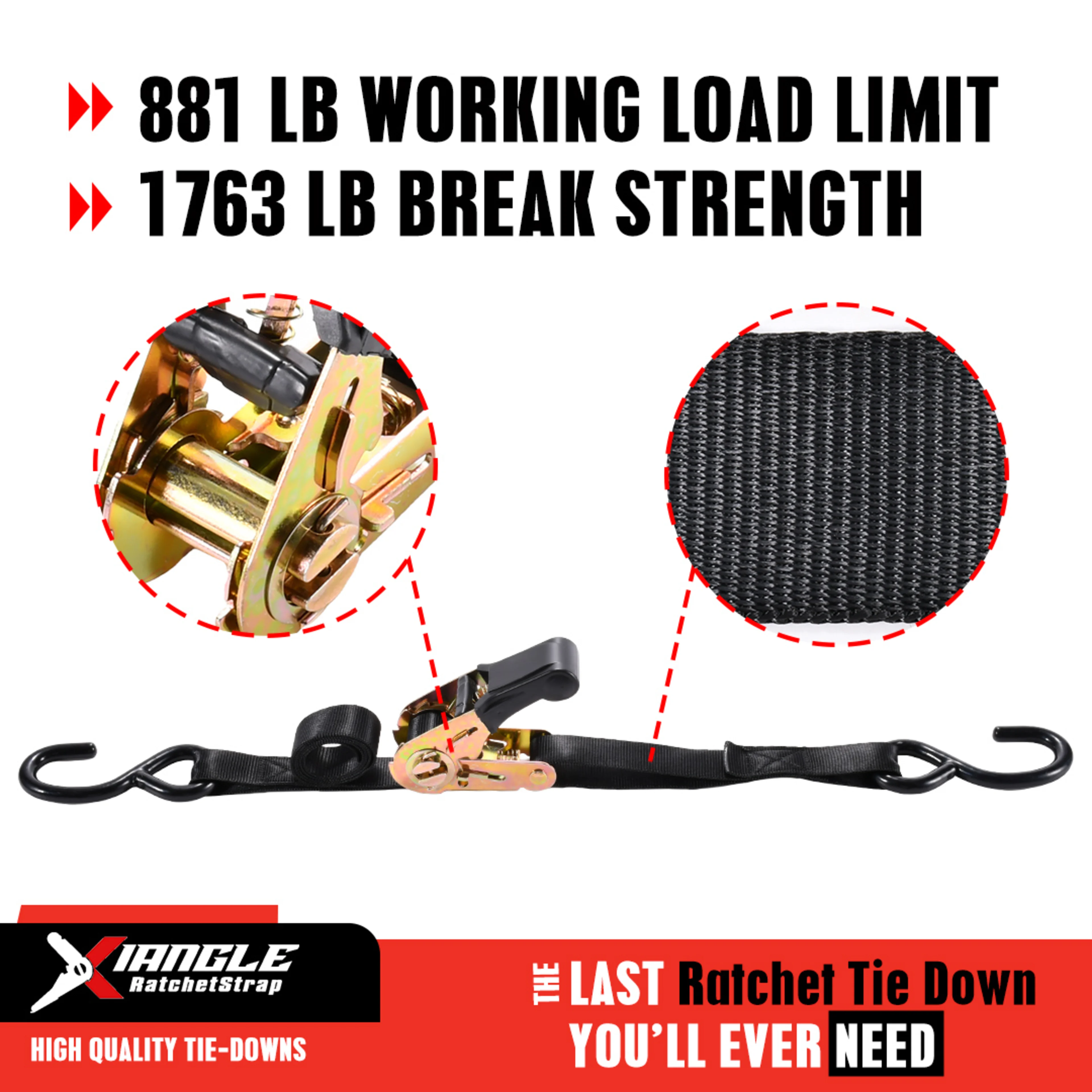 Correa de trinquete de 25mm con mango de goma y ganchos S - 800 kg Resistencia