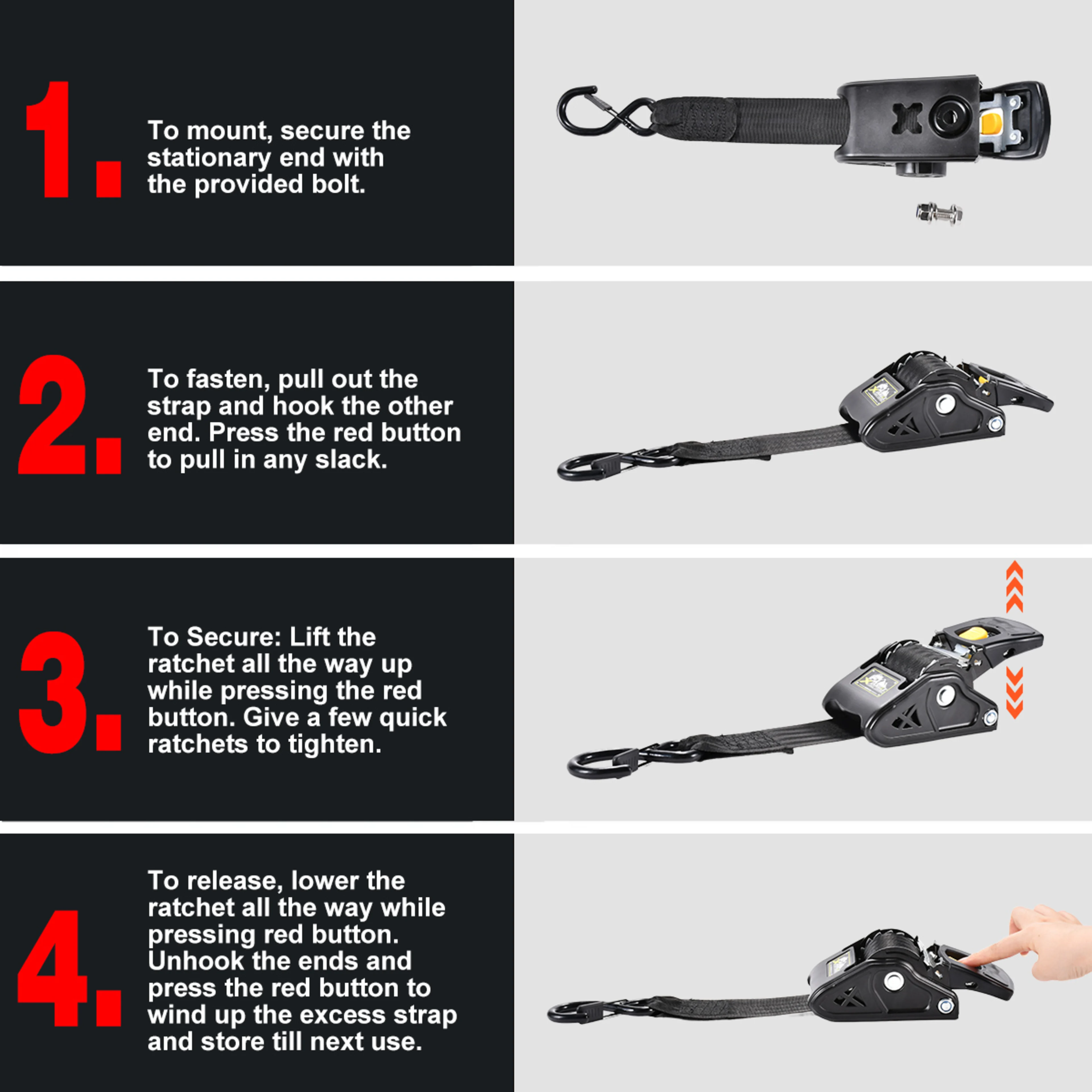 Correas de amarre retráctiles para espejo de popa de 50mm x 3m - 800 kg Resistencia