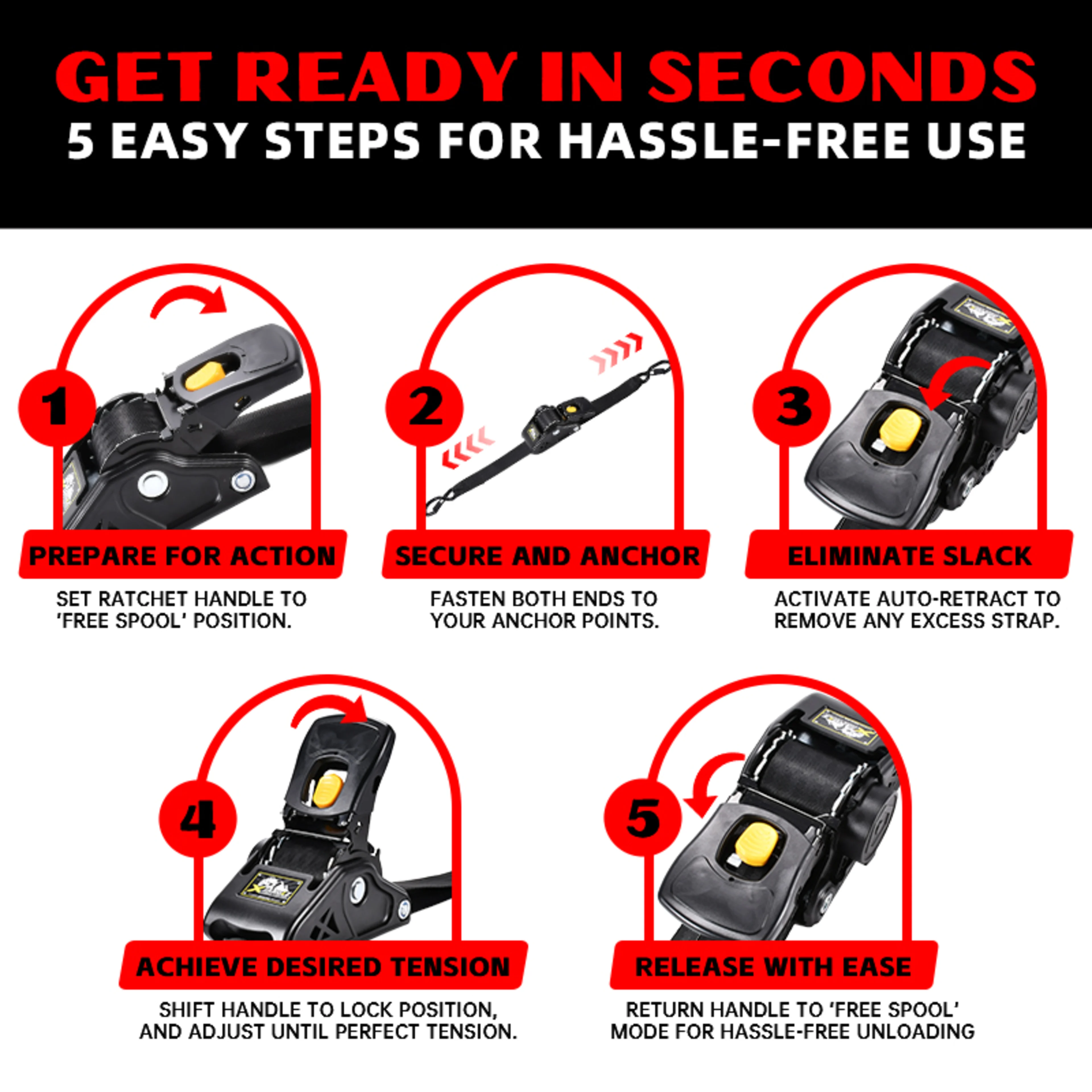 Correa de trinquete auto-enrollable 50 mm x 3 m con ganchos S de resorte - 1500 kg de rotura