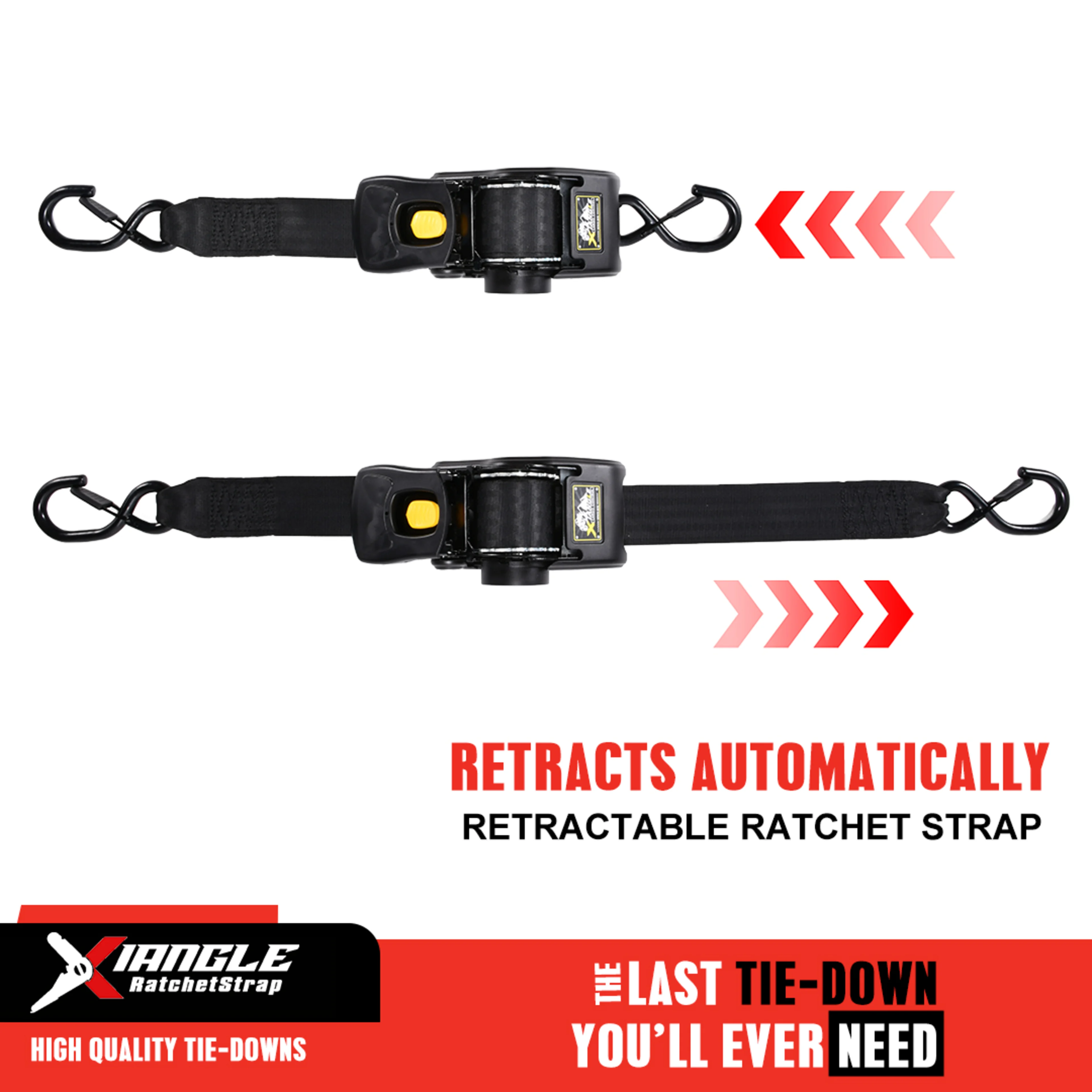 2" x 10' Heavy Duty Self-Winding Retractable Ratchet Strap, Spring Loaded S-Hook - 3306 lbs BS