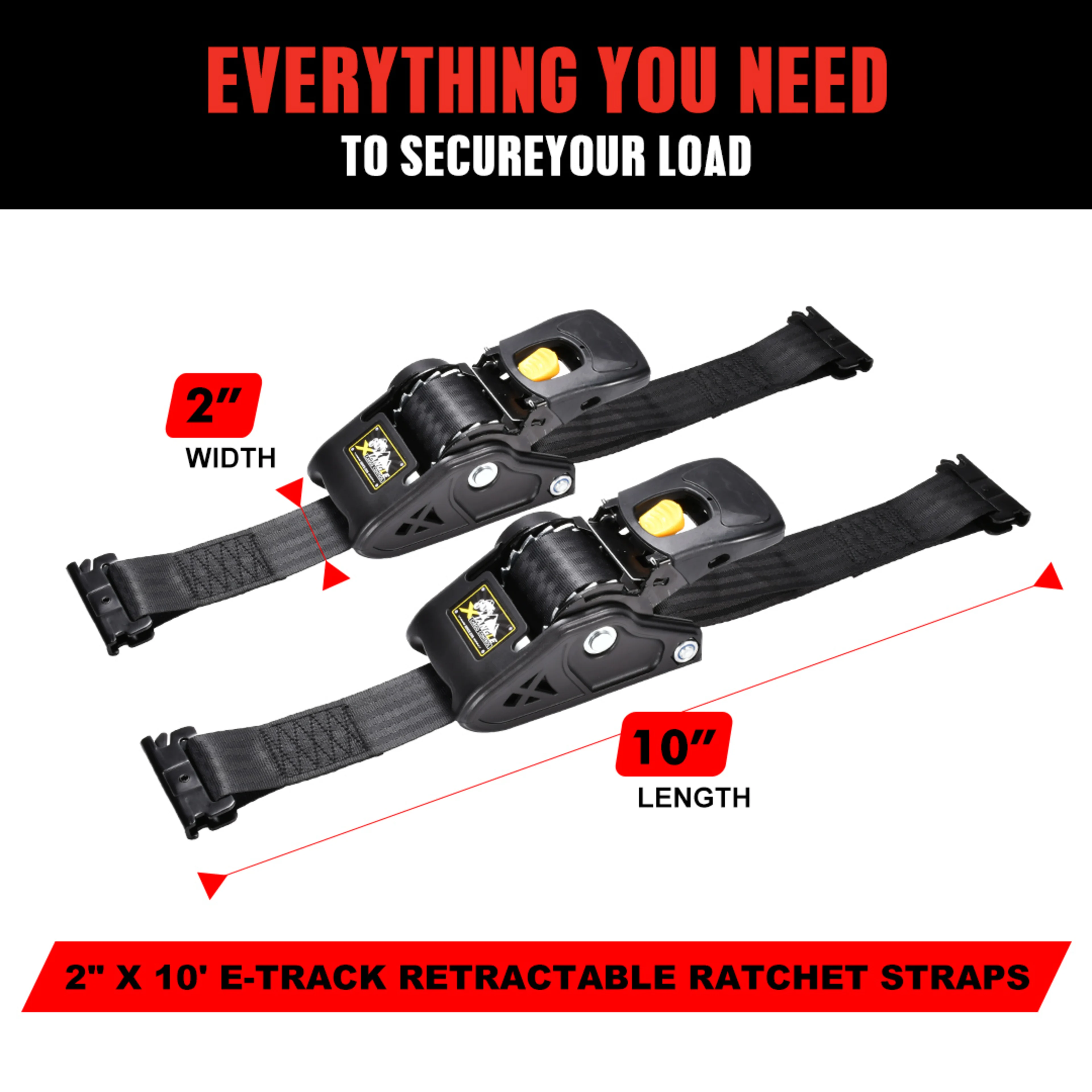 2" x 10' Heavy Duty Automatic Retractable Ratchet Strap, E-Track - 3306 lbs BS