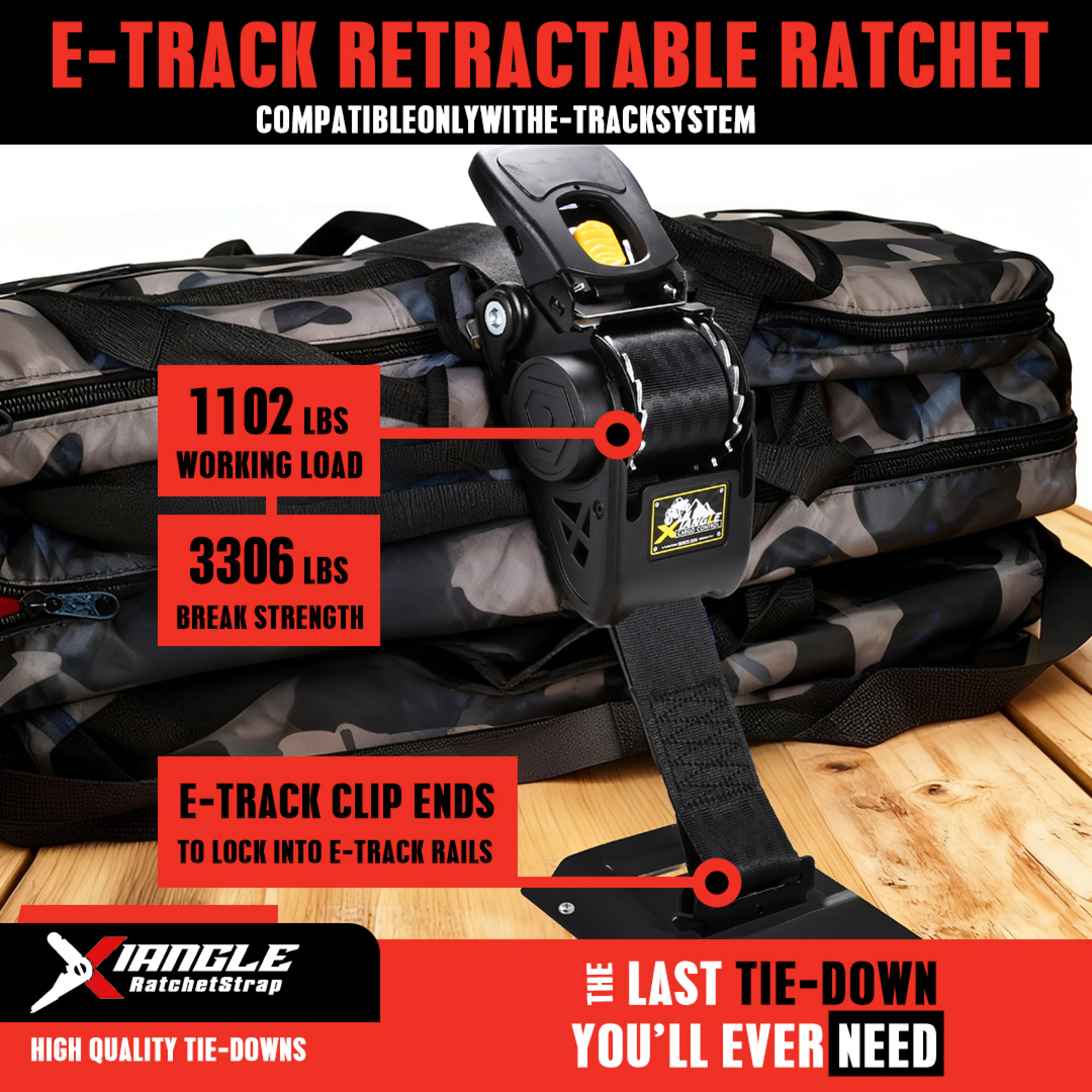 2" x 10' Heavy Duty Automatic Retractable Ratchet Strap, E-Track - 3306 lbs BS