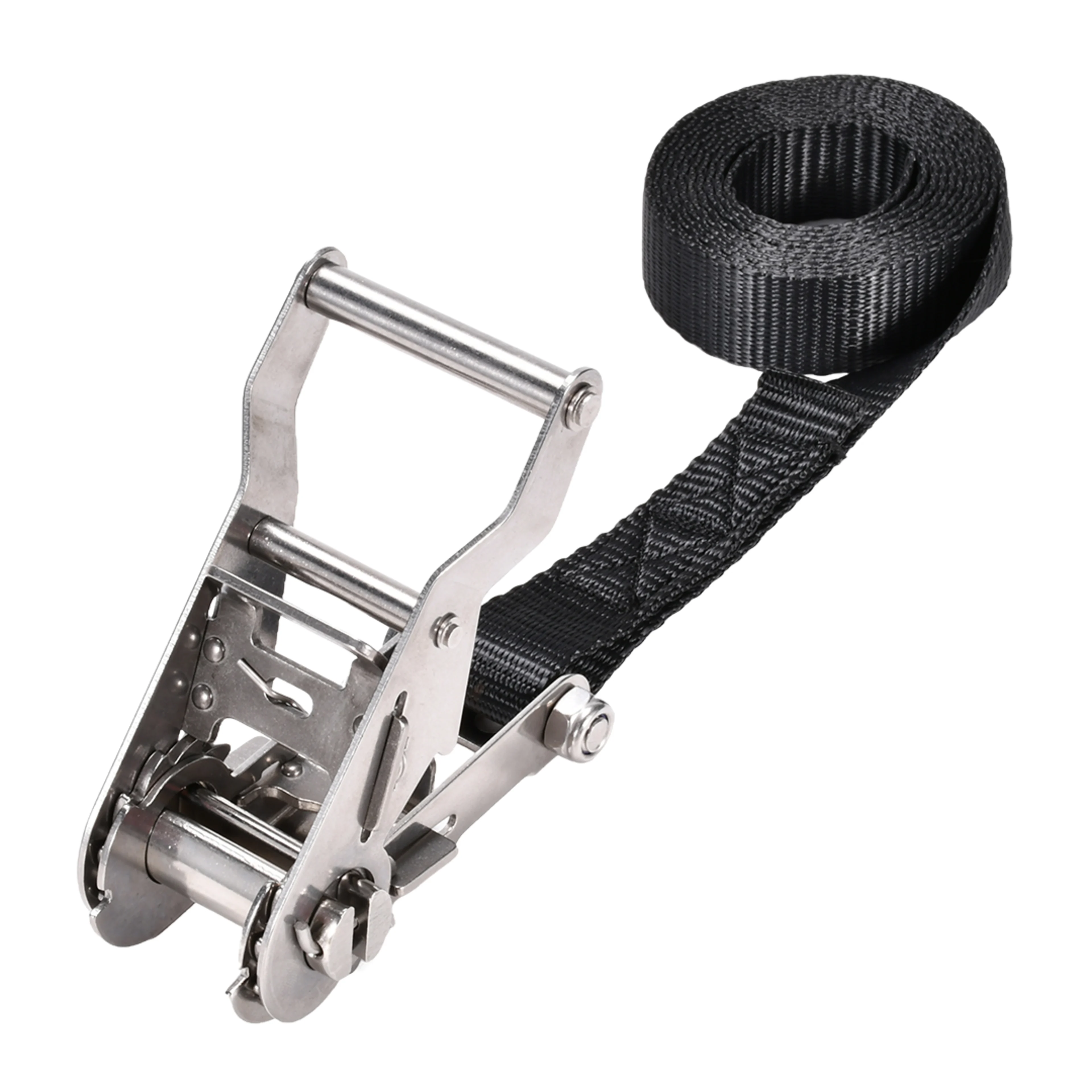 1-1/16" 304 Stainless Steel Short Wide Handle Ratchet Strap with Double J-Hook - 2645 lbs. BS