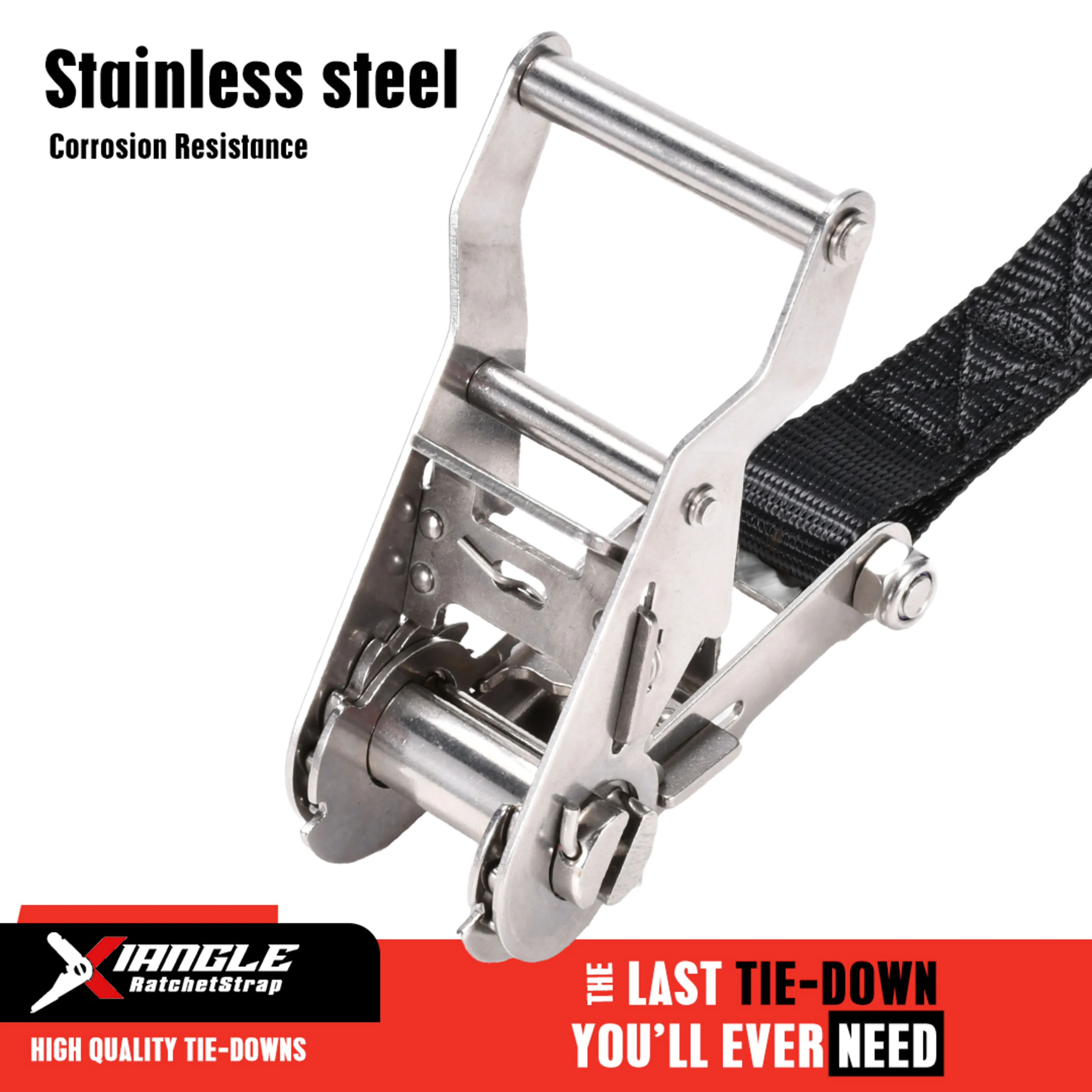 1-1/16" 304 Stainless Steel Short Wide Handle Ratchet Strap with Double J-Hook - 2645 lbs. BS