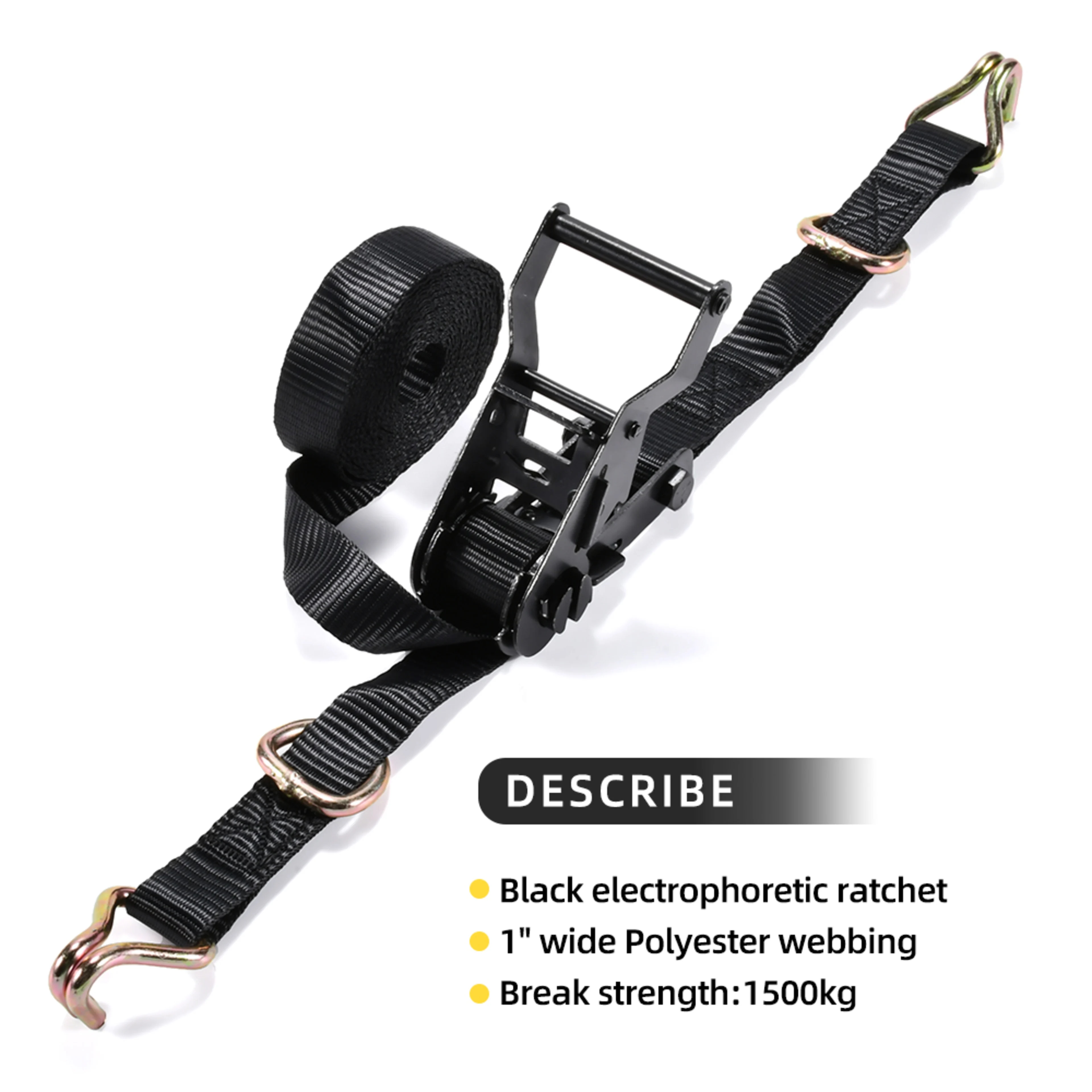 27mm Ratchet Tie Down Strap with Double J-Hook & Floating D-Ring
