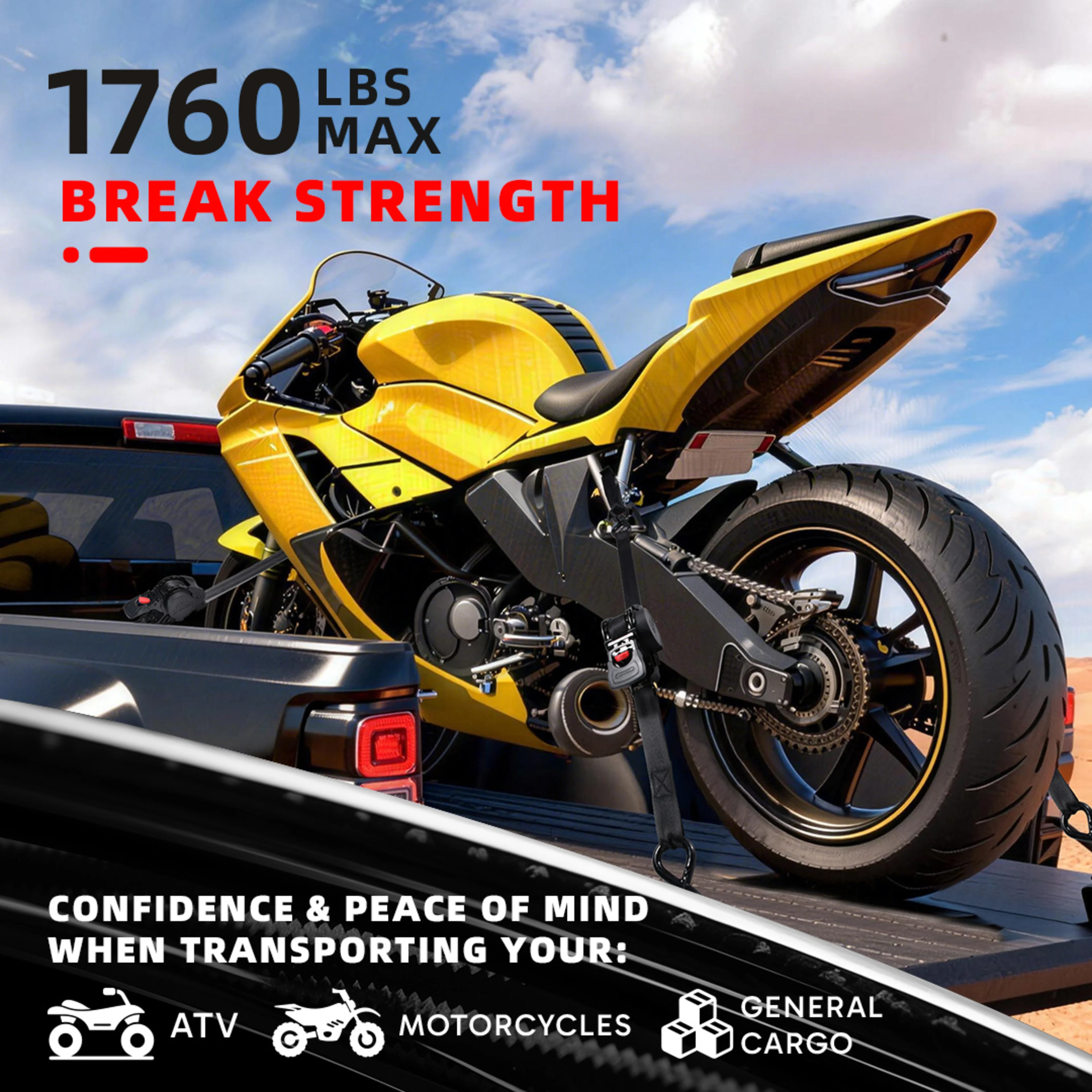 1" x 10ft Automatic Retractable Ratchet Strap, Full-Bend S-Hooks - 1760 lbs BS