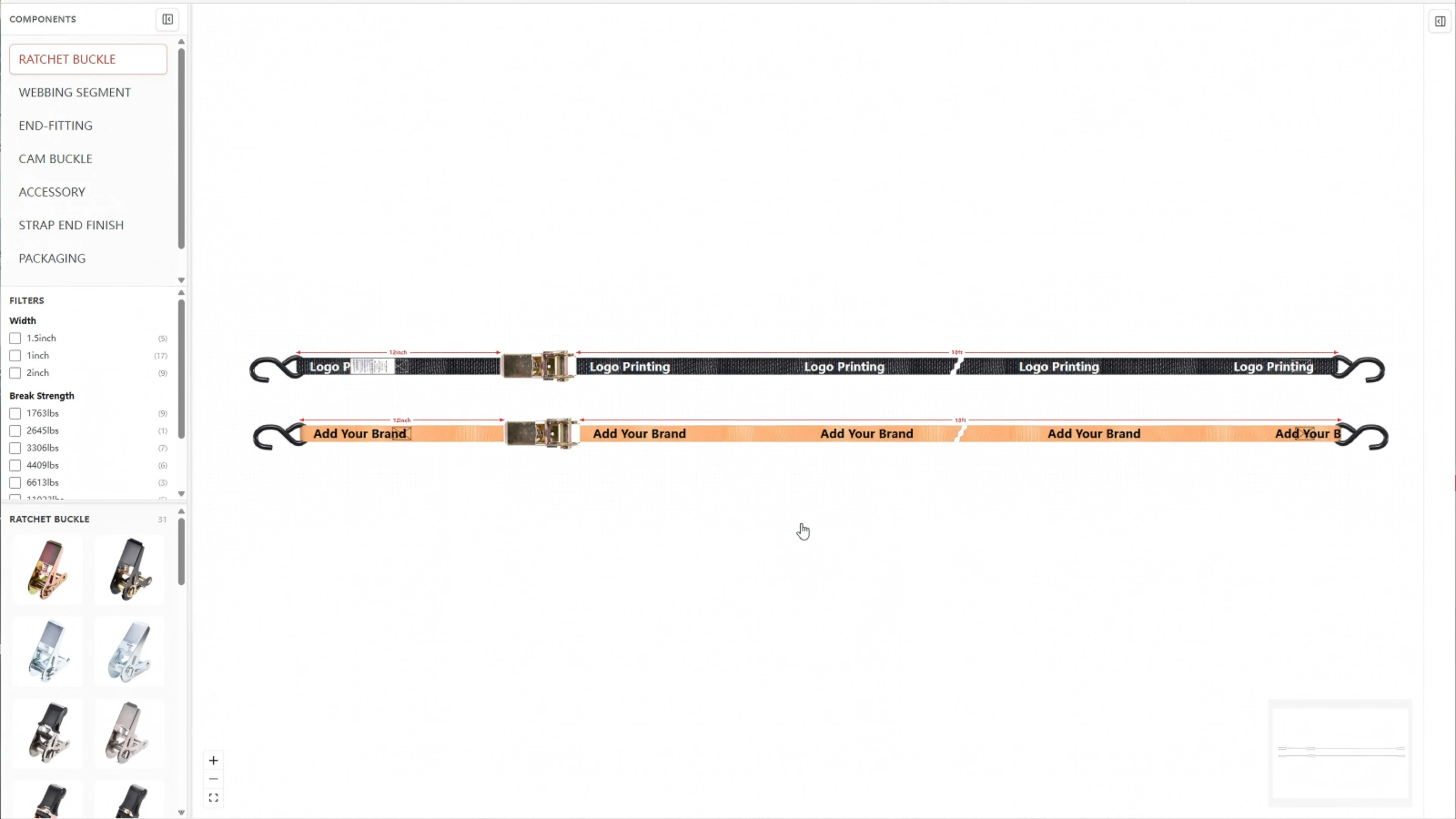 Custom ratchet strap builder showing a visual tie-down strap configuration